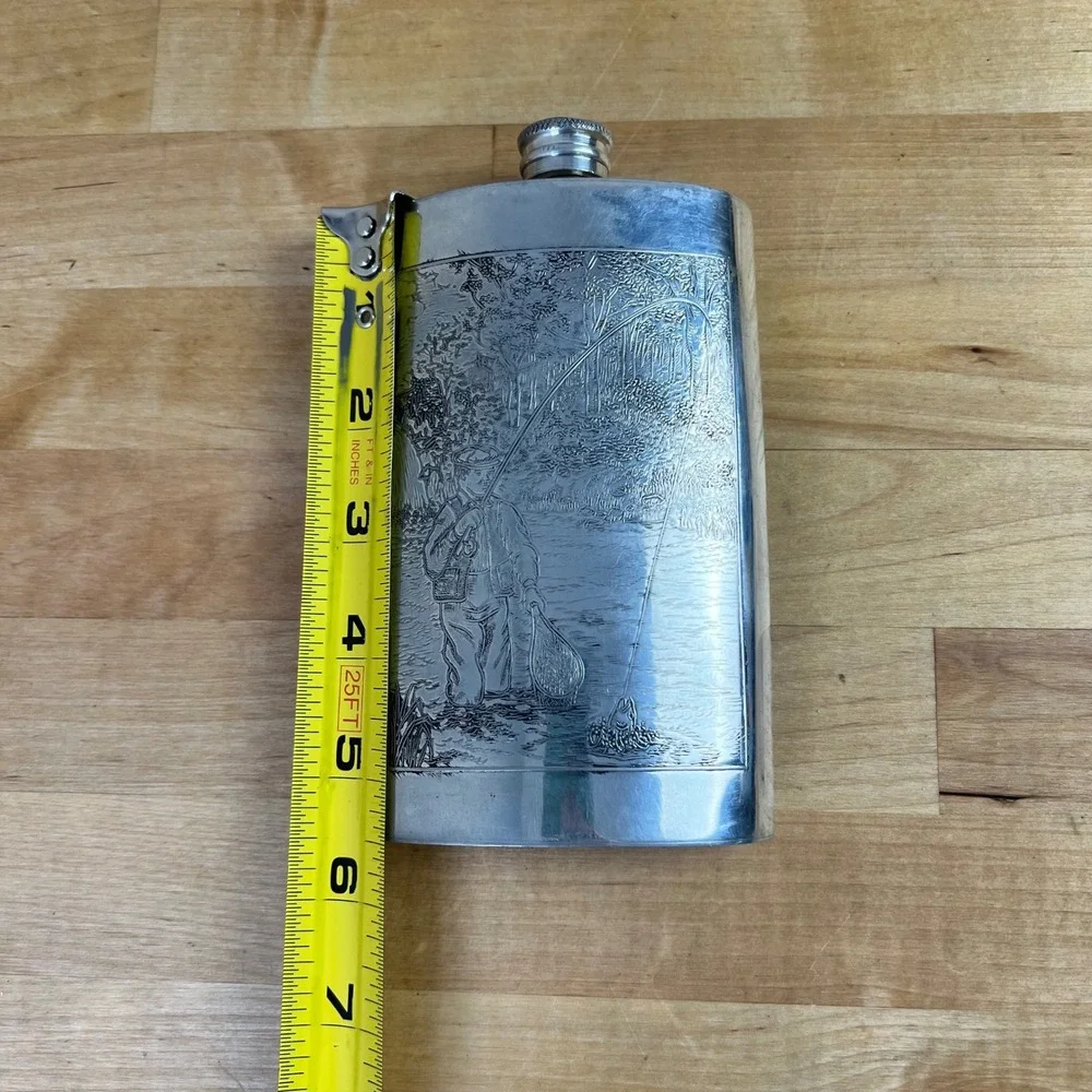 Orvis Hip Flask Fly Fishing Scene 8oz Silver Tone Sheffield England Vintage